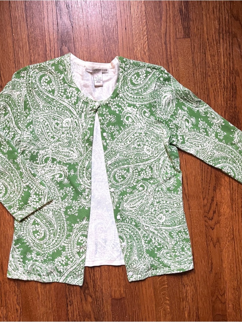Y2k Sarah Spencer cotton cardigan S green white paisley fairy preppy